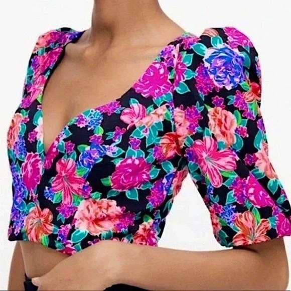 NWOT - Zara Floral Print Puff Sleeve Crop Top Sweetheart Neckline - Size S - Picture 5 of 5